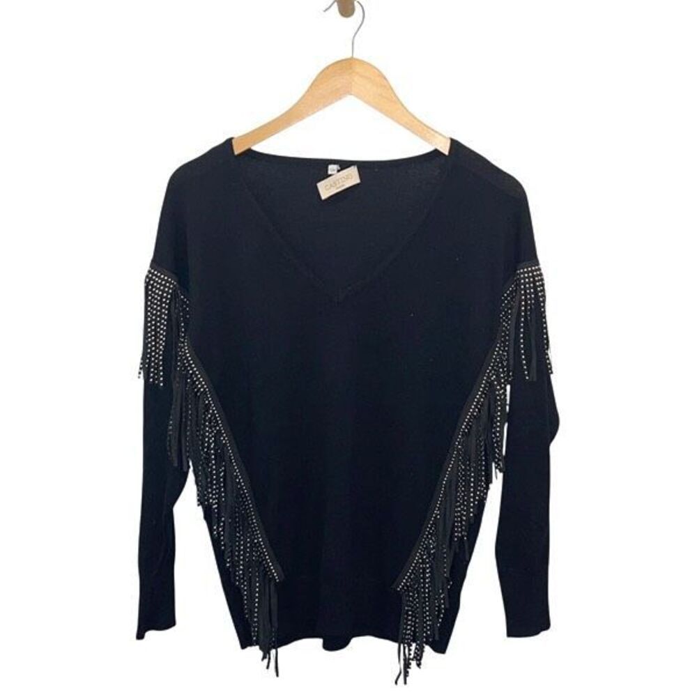 Casting Womens Cashmere Silver Nailhead Tassles Sweater Black‎ Size S/M